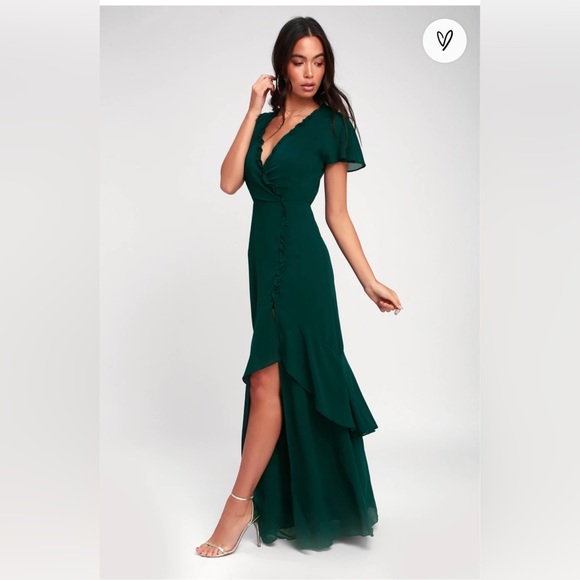 Lulus Dresses & Skirts - Lulu’s Pour the Champagne Emerald Green Ruffled Backless Maxi Dress Sz XS